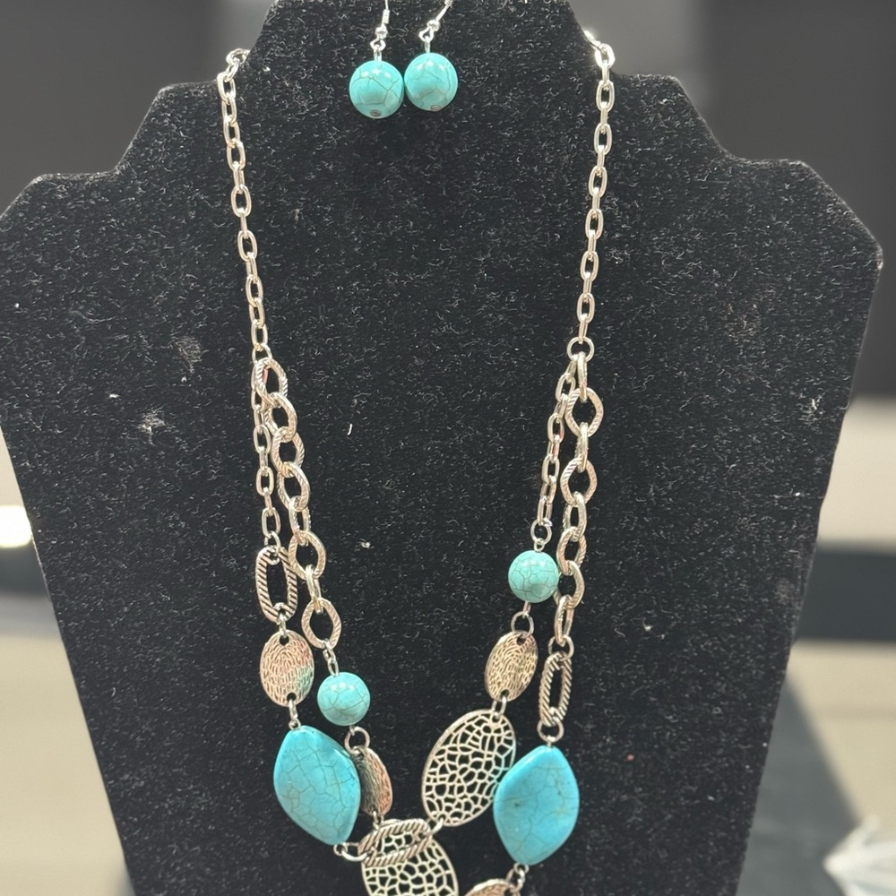 Turquoise and Silver Necklace and Earring Set